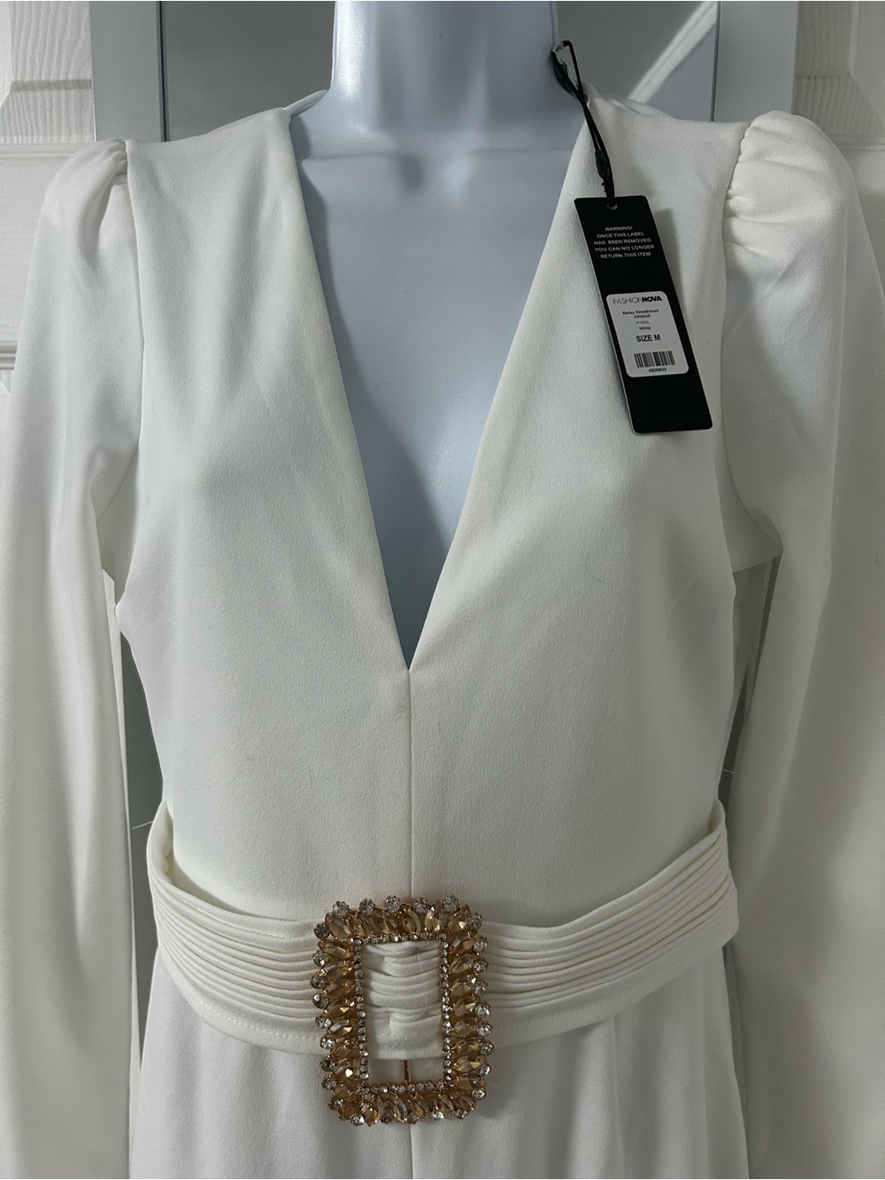 Fashion Nova White Embellished Deep V Jumpsuit
